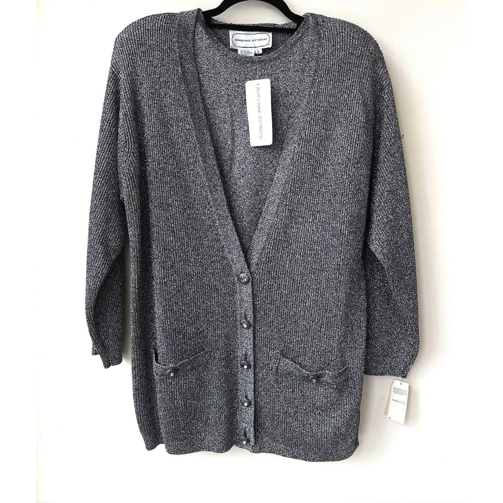 Vintage Adrienne Vittadini Silver Glitter Metallic Knit Cardigan & Shirt Set